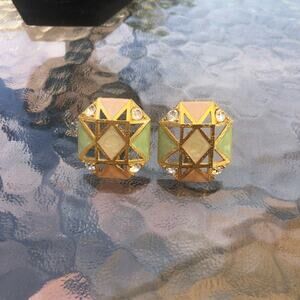 Avon Vintage 80s Avon Shaped Pastel Enamel Rhinestone Gold Tone Clip Earrings